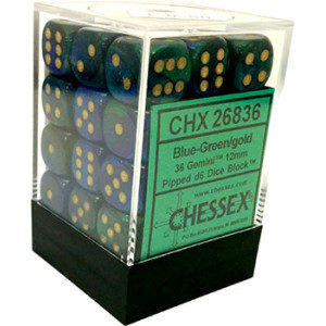 Set de 36 dés 6 Chessex Gemini : Blue/Green /w Gold