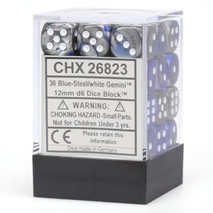 Set de 36 dés à 6 faces 36D6 Chessex Gemini : Blue/Steel w/White