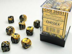 Set de 36 dés 6 Chessex Gemini : Black/Gold w/Silver