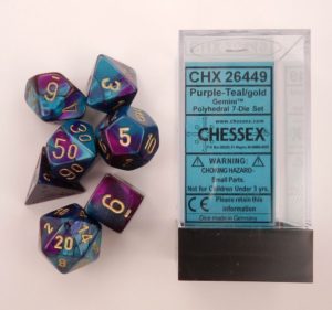 Set de 7 dés Chessex 7D Gemini : Purple/Teal w/Gold