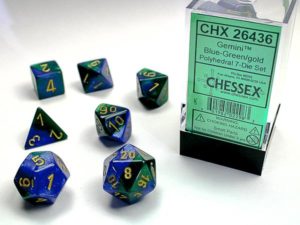 Set de 7 dés Chessex Gemini : Blue/Green w/Gold