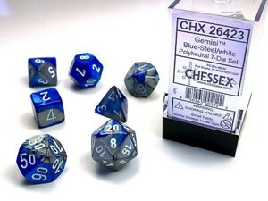 Set de 7 dés Chessex Gemini : Blue/Steel w/White