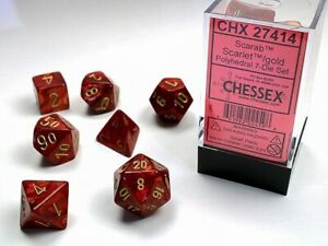 Set de 7 dés Chessex Scarab : Scarlet w/Gold