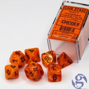 Set de 7 dés Chessex Vortex : Orange w/Black