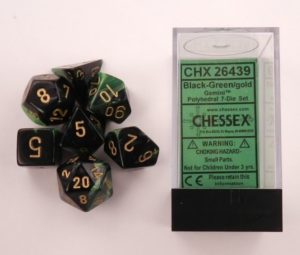 Set des 7 dés Chessex Gemini : 7D Black/Green w/Gold