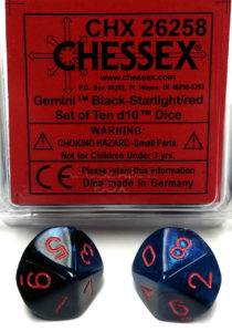 Set de 10 dés 10 Chessex Gemini : Black Starlight w/Red