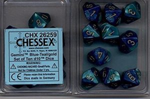 Set de 10 dés 10 Chessex Gemini : Blue Teal