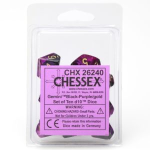 Set de 10 dés 10 Chessex Gemini : Black/Purple w/Gold