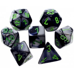 Set de 7 Dés Gemini Mini-Polyhedral : Black/Grey w/Green