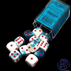 Set de 12 dés 6 faces Chessex Gemini : Astral Blue/White w/Red