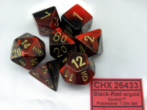Set de 7 dés Chessex Gemini : Black/Red w/Gold