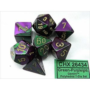 Set de 7 dés Chessex Gemini : Green/Purple w/Gold