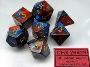Set de 7dés Chessex Gemini : Blue/Red w/Gold