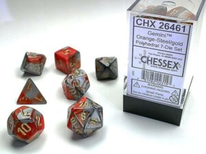 Set de 7 dés Chessex Gemini : Orange/Steel w/Gold