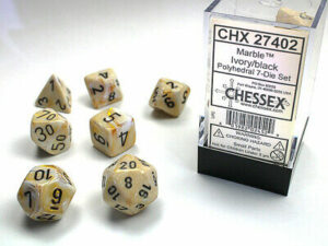 Set de 7 dés Chessex Marble : Ivory w/Black