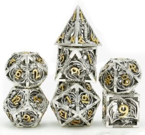 Set de 7 dés en métal évidé façon dentelle : Argent et Or (motif dragon)